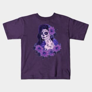 Day of the dead purple gerbera daisy art by Renee Lavoie Kids T-Shirt